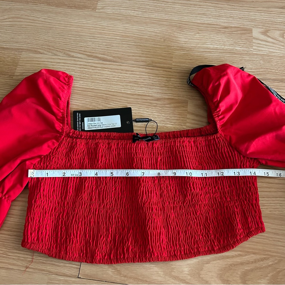 NWT PrettyLittleThing Red Ruched Long Sleee Crop Top Size 6 - Picture 6 of 9
